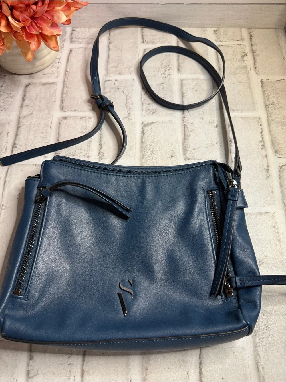 Blue Leather Crossbody Bag with Front Zippers